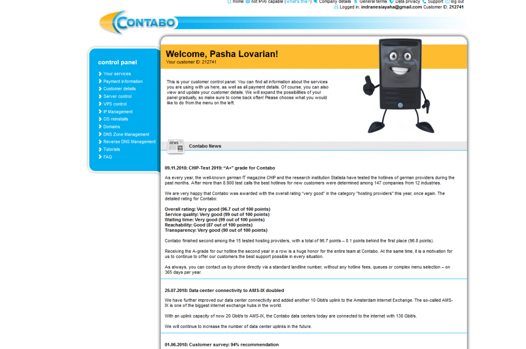 Tampilan Dashboard Contabo